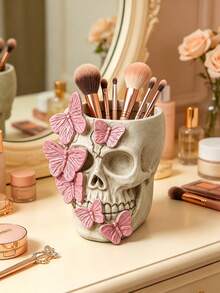 Skull Makeup Brush Holder, Butterfly-Shaped Gothic Makeup Brush Holder, Desktop Pen Holder, Dressing Table Decoration, Pink/Gold - Multicolor - View 6