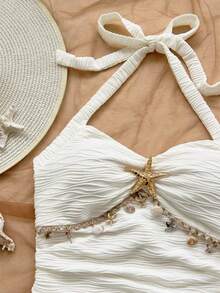 Conjunto de 2 piezas de top halter con estrellas de mar y shorts para vacaciones en la playa de mujer - Amarillo - Ver 7