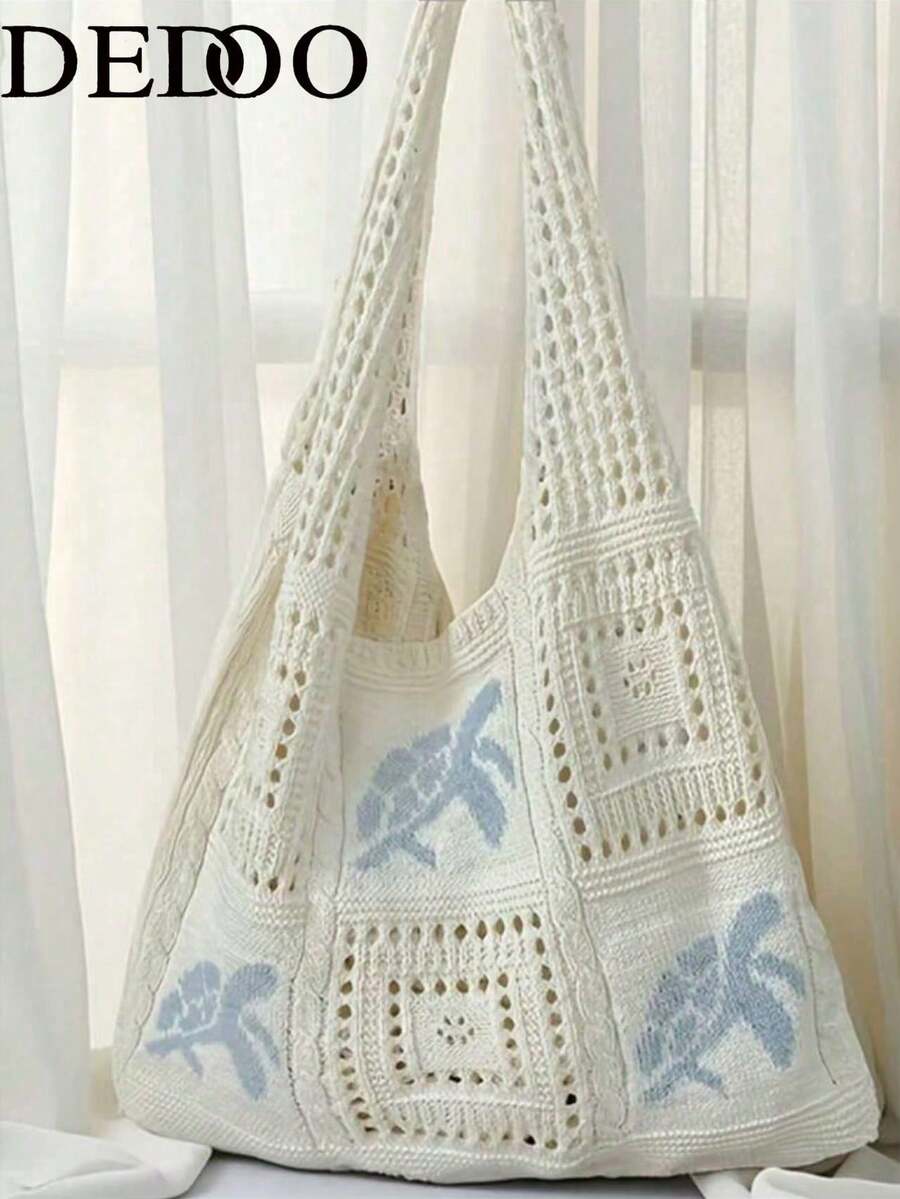 Dedoo Bolso de hombro bohemio de moda multicolor, diseño de ganchillo con patrón de tortuga marina, bolso de gran capacidad con apertura superior, material de poliéster beige con sensación - Amarillo - Ver 1