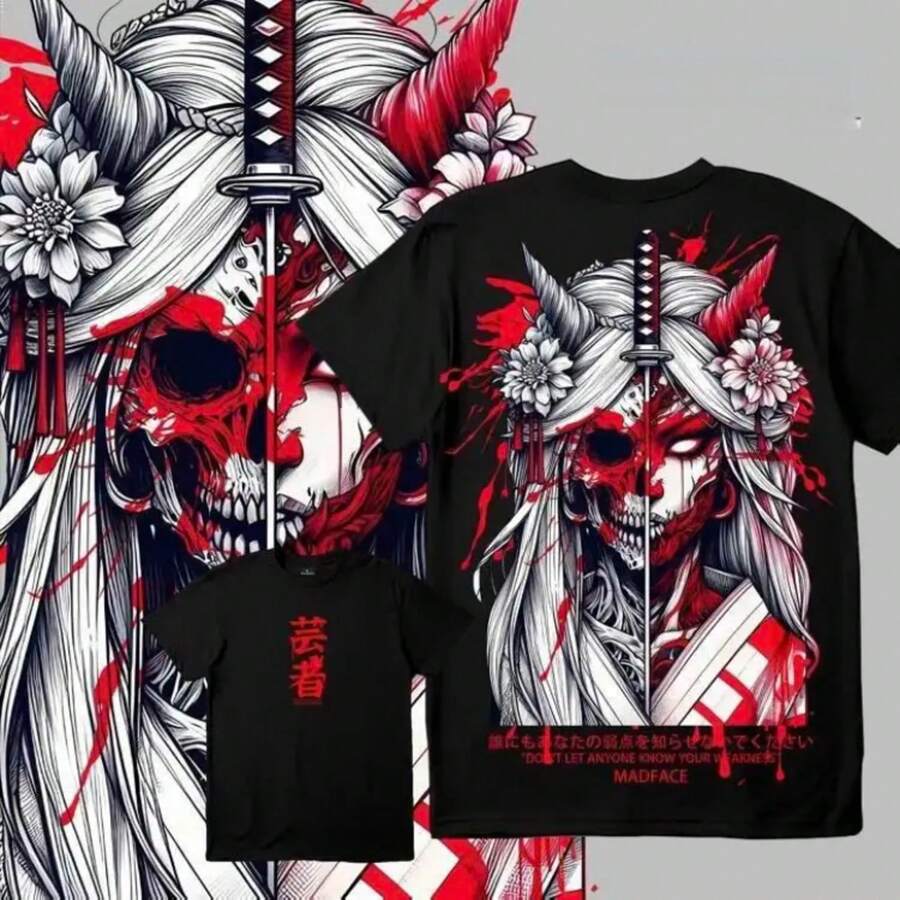 Unisex Black T-Shirt 100% Unwashed Cotton, A320 Geisha Design With Hannya Mask, Anime And Samurai Style, Streetwear Aesthetic Fashion, Casual Wear For Men And Women, Perfect For Use - 珊瑚粉 - 查看 1