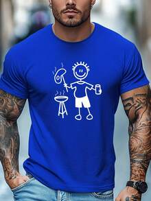 Men's BBQ Pattern Summer Casual Crew Neck Short Sleeve-Shirt - White - View 4