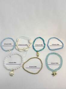 imoli piezas/Set de tobilleras deúltiples capas con cuentas de semilla CCB, conchas marinas, estrellas de mar y corazones, estilo moderno para vacaciones en la playa, adecuado para las - 32668-ank-blue-eP - Ver 3