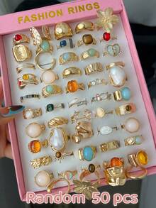 50/36/20/6pcs Women's Bohemian Vintage Fashion Ring Set, Gold-Tone Faux Colorful Gemstone Pearl Asymmetric Polished Tiger Eye Sunflower Wide Geometric Liquid Rings, Exaggerated Old Money Style Stackable Wide Bands, Fashion Elegant Versatile Ring Set (Random Styles) - Yellow Gold - View 8