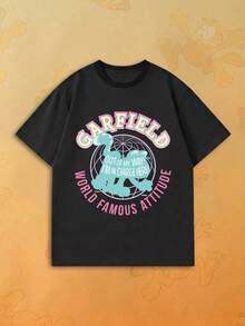 SHEIN | Garfield 女款黑色圓領T恤，馬卡龍色地球卡通貓態度標語印花，寬鬆大碼短袖，適合街頭旅行日常女孩休閒穿搭 - 黑色 - 查看 1