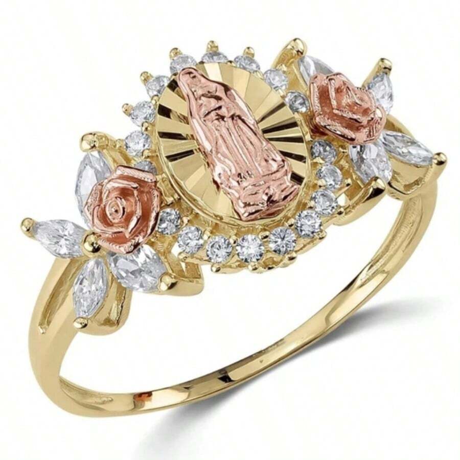 Bohemian Carved Ring, Rose Portrait Relief Design, Inlaid With Sparkling Zirconia, Exquisite Holiday Gift Ring - Gold - View 1