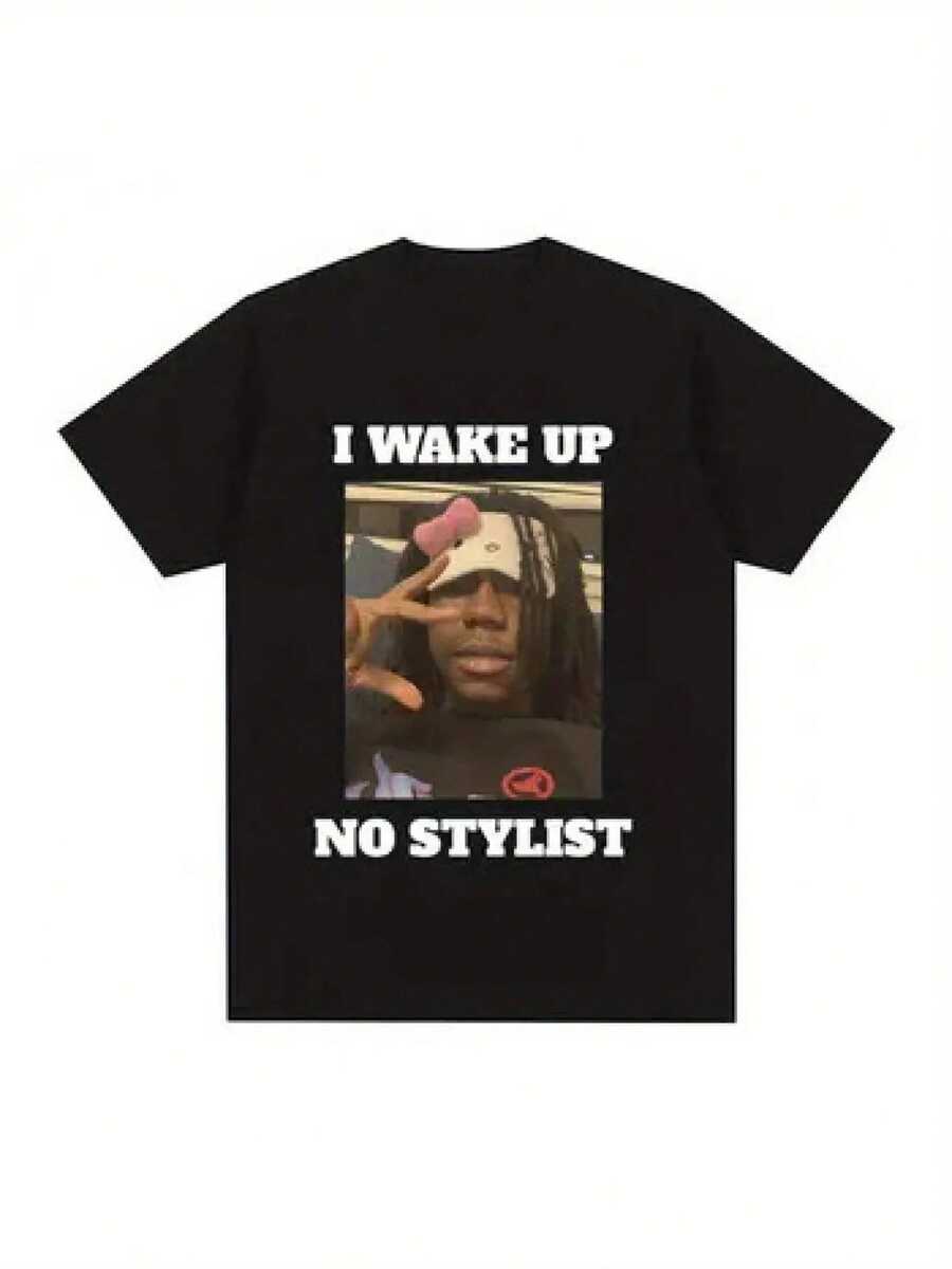 Men's Funny Graphic T-Shirt With Rapper Print "I Wake Up No Stylist" - Black Hip Hop T-Shirt With Bold White Text, Urban Style T-Shirt For Concerts And Everyday Wear - 黑色 - 查看 1