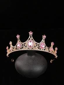 1pc European American Bride Fashion Exquisite Alloy Crown, Suitable For Women's Wedding Party Hair Accessory, Princess Birthday Party Gift, Performance Costume Accessory, Crown For Makeup Ball - Pink - View 3