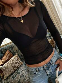 Women's Fitted T-Shirt With Round Neck, Long Sleeves, Pleats, Solid Color, Suitable For Summer, Autumn/Winter And Casual Spring Seasons - 2 - 查看 3