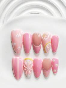 10片清新風手工穿戴甲，Poly Gel美甲套組，檸檬片、小花、波點設計，白色與粉色指甲油，可愛風格，附美甲工具，3種尺寸可選，方形、短方形、杏仁形，適合派對、跳舞、日常配戴 - 彩色 - 查看 18
