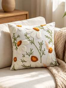 1pc Mori Style Daisy Embroidered Throw Pillow Cover, Healing Girly Atmosphere Decorative Pillowcase, For Bay Window, Sofa, Bedroom Bed Head, Dorm Decor, Pillow Insert Not Included - White - View 1