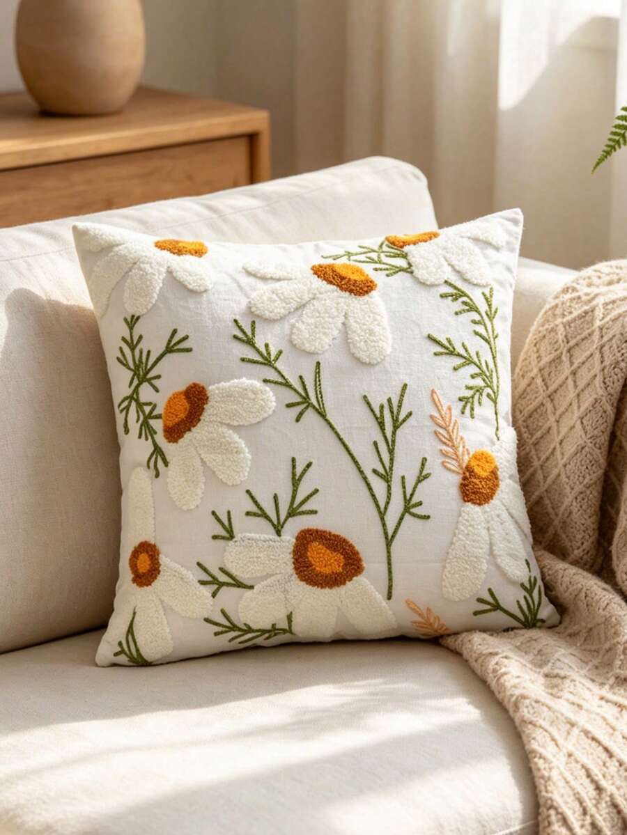 1pc Mori Style Daisy Embroidered Throw Pillow Cover, Healing Girly Atmosphere Decorative Pillowcase, For Bay Window, Sofa, Bedroom Bed Head, Dorm Decor, Pillow Insert Not Included - White - View 1