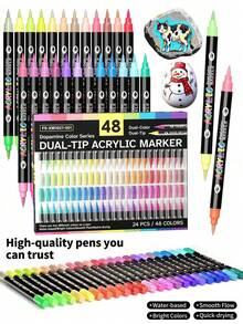 12/24/36/48/72/120pcs Boxed Multi-Specification Dual-Tip Dual-Color Acrylic Paint Markers, Single Pen 2 Colors 0.5-5mm Soft Brush Tip, Water-Based Quick Dry Waterproof High Coverage, Classic / Skin Tone / Macaron / Metallic Multi-Color Options Available, Stone Ceramic Canvas Wood Multi-Material DIY Hand Painting Graffiti Art Drawing Pens - Double Soft Tip Two-color Marker - View 10