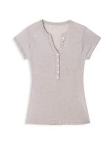 Soft & Versatile V-Neck Knit T-Shirt Women's New Korean Style Slim Fit Flattering Button Short Sleeve Top Summer - Oatmeal - View 4