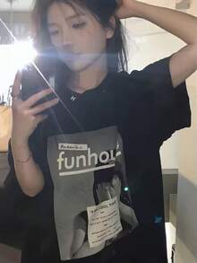 女款圓領短袖T恤，夏季新款肖像圖案與字母印花，時尚休閒百搭寬鬆上衣，黑色 - 黑色 - 查看 10