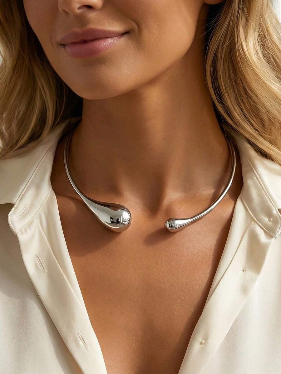 1 pieza Collar gargantilla de gota de agua grande con textura metálica de lava líquida para mujeres, diseño geométrico minimalista retorcido, adecuado para fiestas, regalos, uso diario, ir a la oficina - Plateado - Ver 1