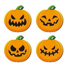 4 pièces Dessous de verre en forme de citrouille d'Halloween, imprimés avec différents styles de visages de citrouille amusants, pleins d'atmosphère festive d'Halloween, décoration de bureau, cadeau de fête exquis. Convient également comme décoration de bureau pour les cafés et les salons de thé. - Multicolore - Voir 3