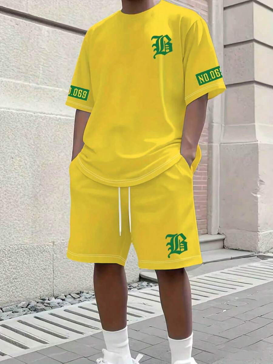 男士字母印花短袖T恤與短褲套裝 - 黃色 - 查看 1