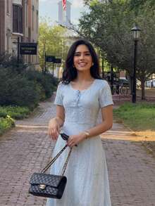 Women's Elegant Light Blue Mid-Length Dress, French Vintage Square Neck Short Sleeve A-Line Dress, High-End Elegant Waist-Cinching Dress, Summer Vacation Party Dress - Blue - View 3