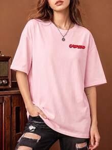 SHEIN | Garfield Women's Pink Double Sided Tee, Front Small Logo Back Cat & Dog Normal People Scare Me Red Text Print Loose Short Sleeve - Pink - View 3