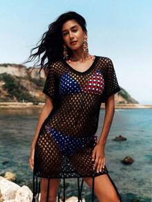 NZZOF Women's Mesh Fringe Cover-Up, Semi-Sheer Beach Vacation Swimwear Cover-Up (Bikini Not Included) Black Summer - Black - View 3