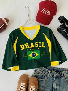 Women's Short-Sleeved V-Neck T-Shirt Featuring The Argentina National Football Team  And Contrasting Lettering. This Casual Cropped T-Shirt Has Short Sleeves. - 粉色 - 查看 1