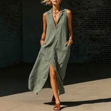 Nuevo vestido largo sin mangas para mujer, estilo europeo y americano, con cuello vuelto, abertura y bolsillos. - Azul - Ver 4