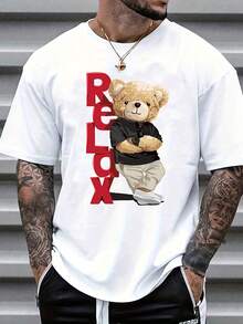 Men's Casual Crew Neck T-Shirt, 100% Cotton, Slightly Stretchy Knit Fabric, Regular Fit, 180g, Relaxed Teddy Bear Graphic Tee, Plus Size. - 黑色 - 查看 6