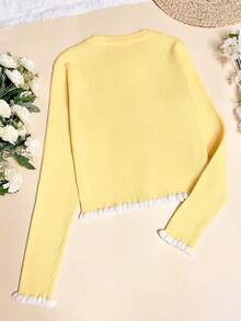 Fall Clothes For Women Casual Color Block Crew Neck With Gold Buttons Ruffle Trim Long Sleeve Knit Cardigan Yellow - Yellow - View 4