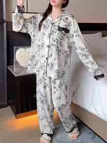 2pcs Lace Trim Contrast Color Long Sleeve & Pants Pajama Set, Ditsy Floral Casual Loungewear For All Seasons - Black and White - View 5