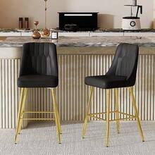 Set Of 2 Bar Stools / 100 Cm High. Stylish Bar Stools / Black PU Leather And Comfortable Footrest / Available In Several Colors / 120 Kg Load Capacity / For Restaurants, Bars And Living Rooms - 黑色+金色 - 查看 2