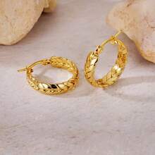 1pair French Vintage Stainless Steel Twist Hoop Earrings Textured Braided Wheat Ears Huggie Hoops Tarnish Free Waterproof Gold Jewelry Gift For Her - Gold - View 7