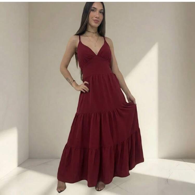 Women's Duna Ruffled Maxi Dress With Built-In Bra - Elegance, Lightness And Perfect Drape. - Color caoba - Añade 6