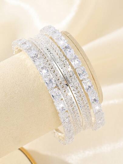 4 piezas de brazaletes de moda con circonita cúbica & strass incrustados, hermosos brazaletes de estilo palaciego, joyería para mujer, accesorios para uso diario o boda