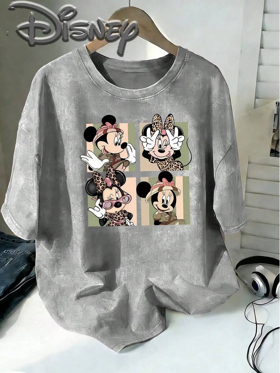Disney Officially Authorized T-Shirts, Disney Minnie Mouse Adventure Leopard Print T-Shirts, Comfortable And Casual Short-Sleeved Shirts In Summer. - Grey - View 1