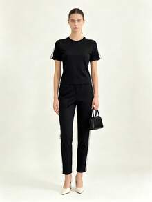 Vintage Striped Athletic Set, Women's 2 Piece Sportswear With T-Shirt & Straight Leg Pants - Black - View 1