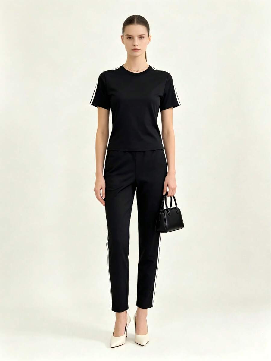 Vintage Striped Athletic Set, Women's 2 Piece Sportswear With T-Shirt & Straight Leg Pants - Black - View 1