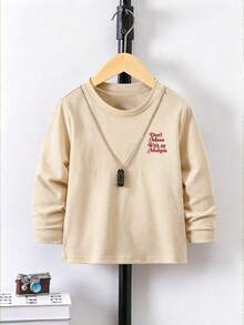 New Baby Boy Casual Slogan Print Loose Long Sleeve T-Shirt, Comfortable And Soft, Fashion Essential Item - Apricot - View 3