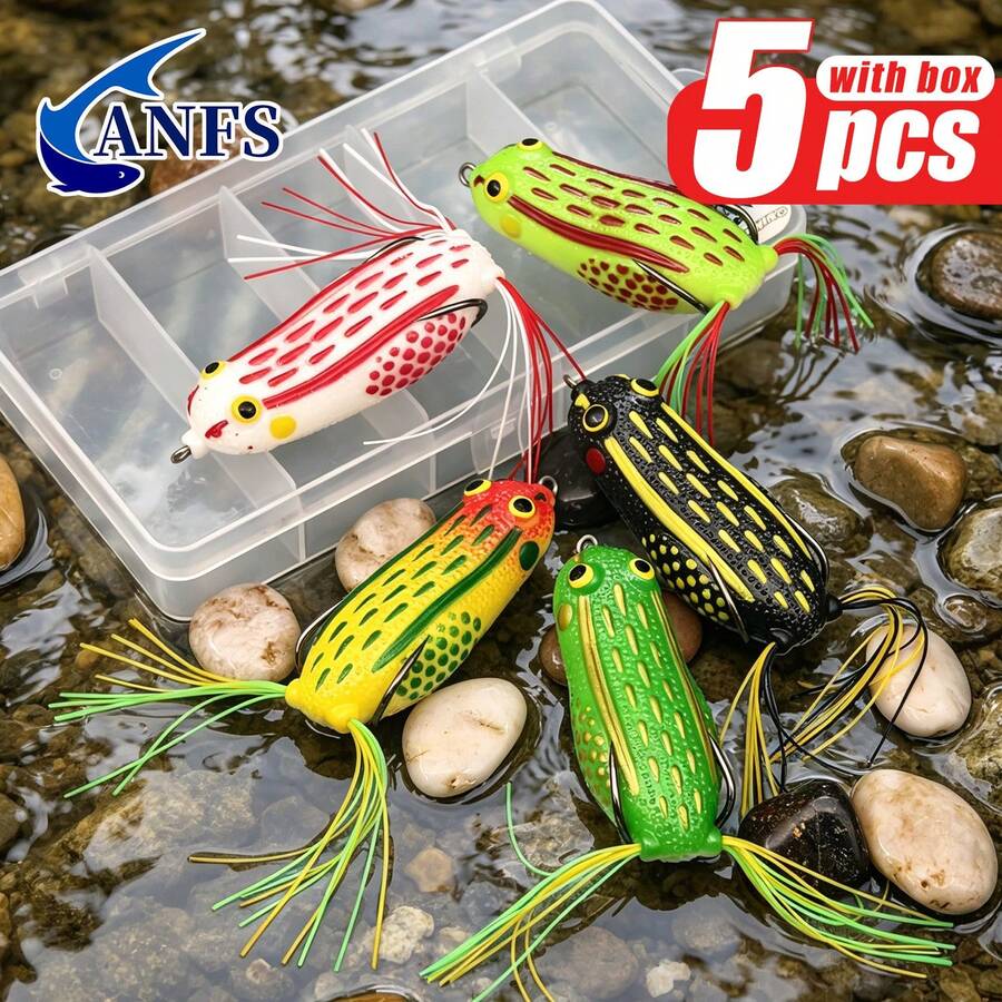ANFS 5件組青蛙路亞附路亞盒，軟餌釣魚路亞，適用於鱸魚、鱒魚、黑鯛魚，適合釣魚愛好者的酷炫釣魚禮物