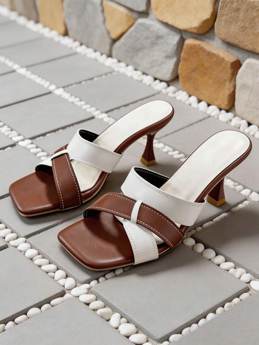 Women Square Toe Slide Sandals Color Block Cross Strap Design Slim Heel Stable Lightweight Commuting Casual - White - View 1