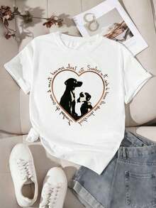 Camiseta de mujer con estampado de corazón de perro, tejido de calidad, cuello redondo, ajuste holgado, cómoda, estampado gráfico único - Blanco - Ver 2