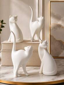 Matte White Resin Abstract Cat Statue, Minimalist Modern Animal Sculpture Decor, Elegant Tabletop Ornament For Fireplace Mantels, Living Room Side Tables,Room Decor, Home Decor, Bestfriend Gifts,A Back-To-School Gift - New Product - View 2