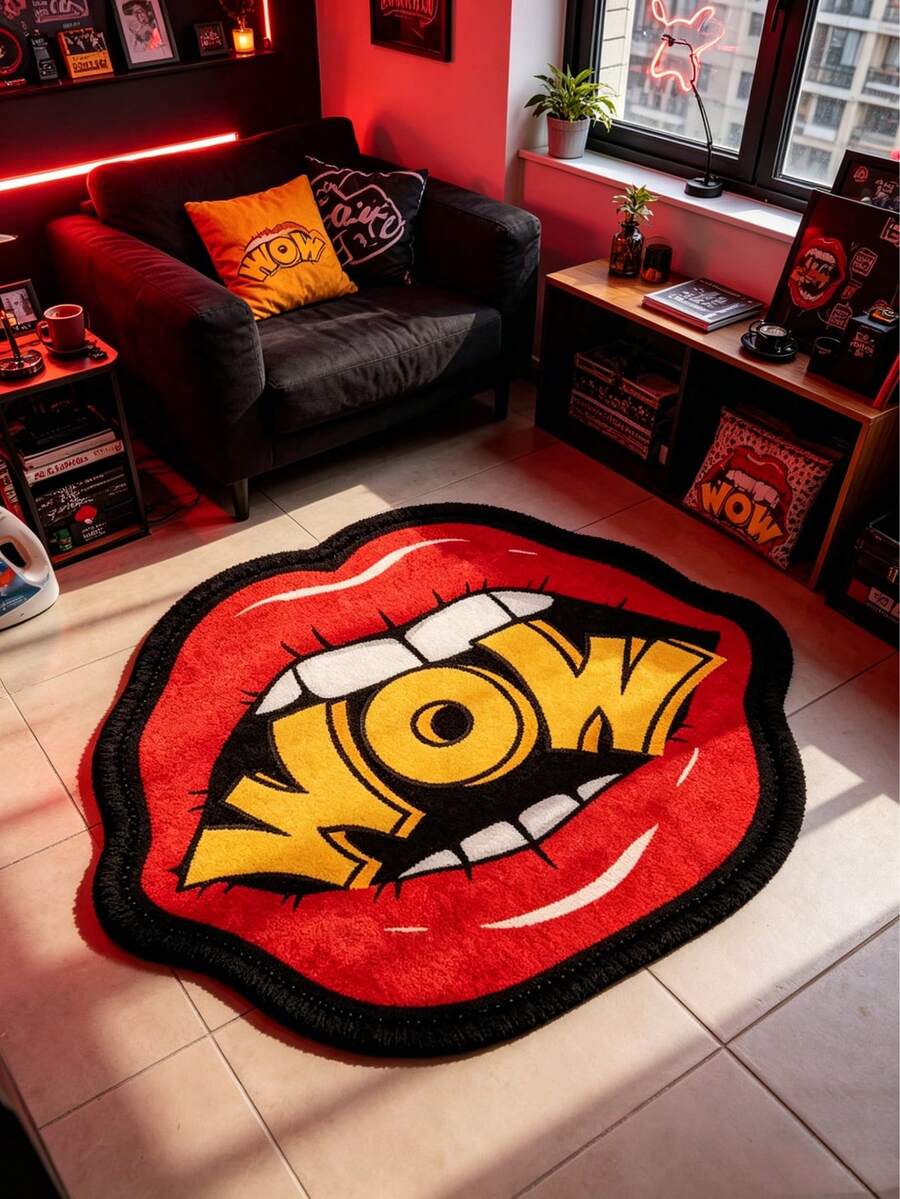 1pc Sweet Cool Retro Cartoon Style Flame Red Lips WOW Asymmetrical Rug, Bedroom Bathroom Makeup Studio Rug, Wedding Confession Scene Decor Rug, Decorative Rug, Bedroom Decor, Small Rug, Rug, Home Decor, Living Room Rug, Living Room Small Rug, Bedroom Rug, Living Room Home Decor, Outdoor Rug, Enhance Home Style, Suitable For Adding Home Charm Decor - Multicolor - View 1