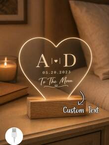 1PC Personalized Heart Shape Acrylic Night Lamp, Custom Initials Date Love Message LED Light With Wooden Base, Warm Glow Vanity Table Decor, Romantic Gift For Her, Wife, Girlfriend, Bride, Anniversary Wedding Bedroom Decor - Multicolor (Style 2) - View 5