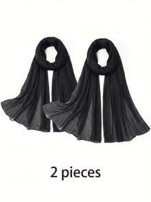 2pcs Women's Solid Color Island Silk Soft Headscarf Arabic Casual Long Scarf Conservative Solid Color Headwrap Suitable For Daily Use - Black 2-pack - View 2