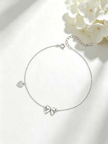 1pc S925 Sterling Silver Bow & Heart Full Rhinestone Thin Ankle Chain, Ins Korean Style Minimalist Sweet Personalized Gentle Girl Elegant Versatile Foot Jewelry, Women's Summer Beach Vacation Photo Outfit Adjustable Anklet, Exquisite Valentine's Day Gift - Bow - View 3