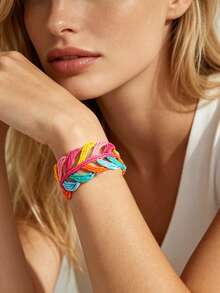 1 peça Pulseira aberta de mulher estilo boémio de verão em ráfia trançada com forma de folha, pulseira ajustável trançada colorida com folha vazada, acessório de pulso personalizado para férias tropicais na praia - Multicolorido - Ver 1