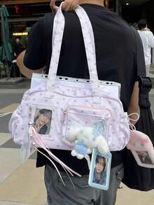 1件可愛清新日系動漫愛心翅膀肩背包，甜美可愛小容量女生斜挎包，精緻天使翅膀設計，高品質星紋尼龍材質附拉鍊開合，DIY透明裝飾包，女款錢包，痛包，適合派對、購物、通勤、活動、搭配穿搭 - 粉色 - 查看 3