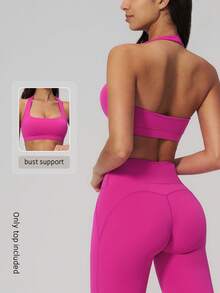NcmRyu 1pc Women's Solid Color Halter Neck Backless Sports Camisole With Removable Pads - Hot Pink - View 9