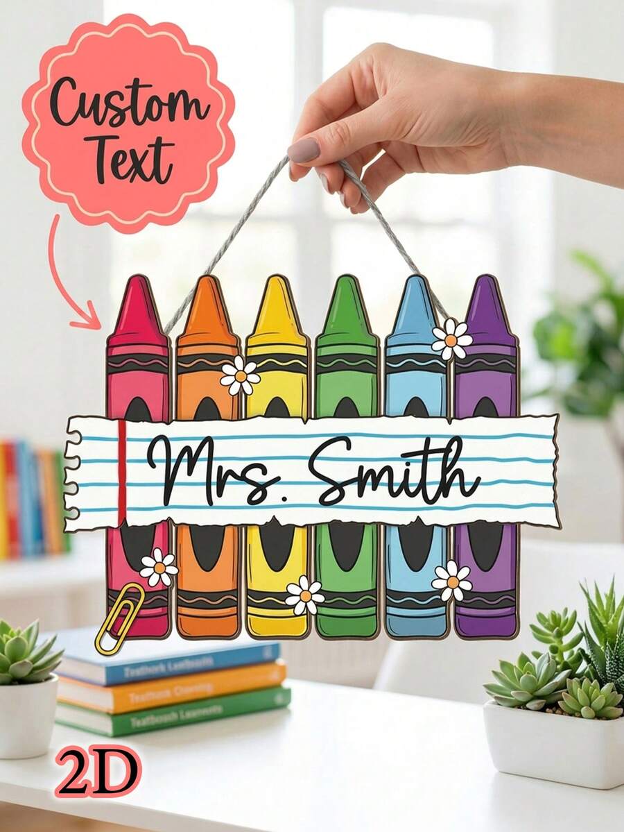 Letrero de puerta de madera con texto personalizado de crayón, placa colgante con nombre de maestro personalizado, diseño de margarita de crayón colorido para decoración de pared de aula, regalo personalizado y reflexivo para maestros de jardín de infancia y escuela primaria - Multicolor - Ver 1