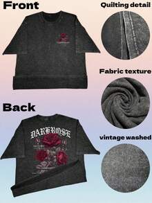 Oversized Black Washed Vintage Style T-Shirt With Graphic Print Of Dark Red Roses Wrapped In Ribbons, Clothing For Men And Women, Breathable Cotton T-Shirt, Casual T-Shirts - 黑色 - 查看 5